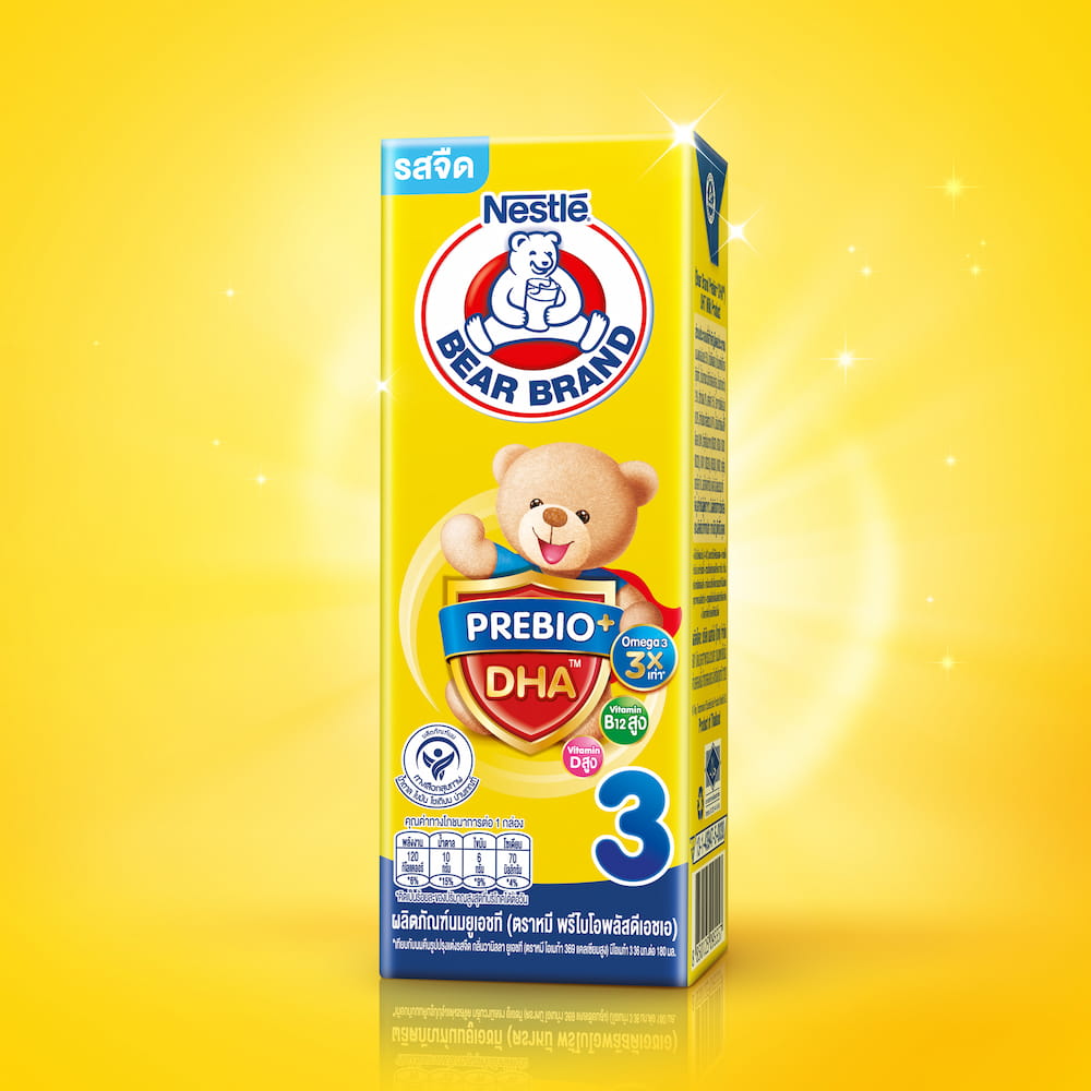 กล่องนมยูเอชทีตราหมี พรีไบโอพลัสดีเอชเอ สูตร 3 รสจืด แถบสีน้ำเงิน