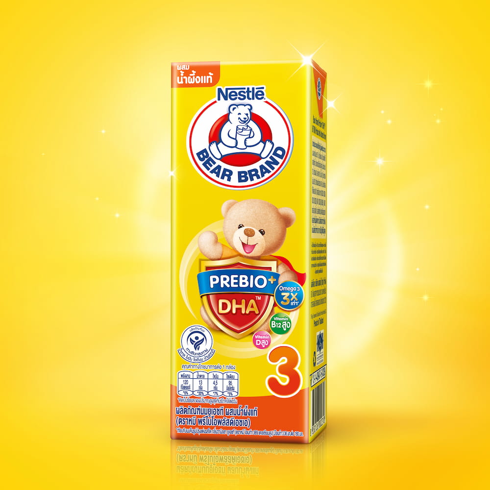กล่องนมยูเอชทีตราหมี พรีไบโอพลัสดีเอชเอ สูตร 3 ผสมน้ำผึ้งแท้ แถบสีแดง
