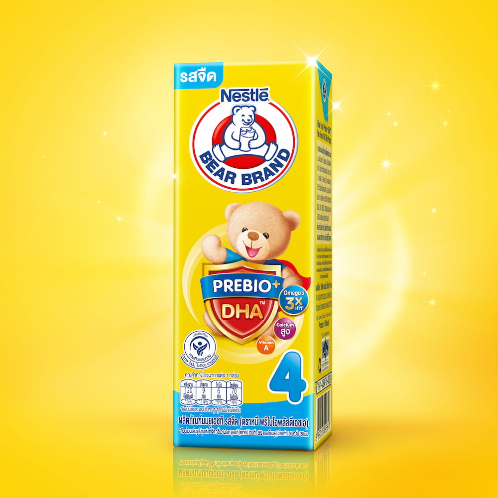 กล่องนมยูเอชทีตราหมี พรีไบโอพลัสดีเอชเอ สูตร 4 รสจืด แถบสีฟ้า