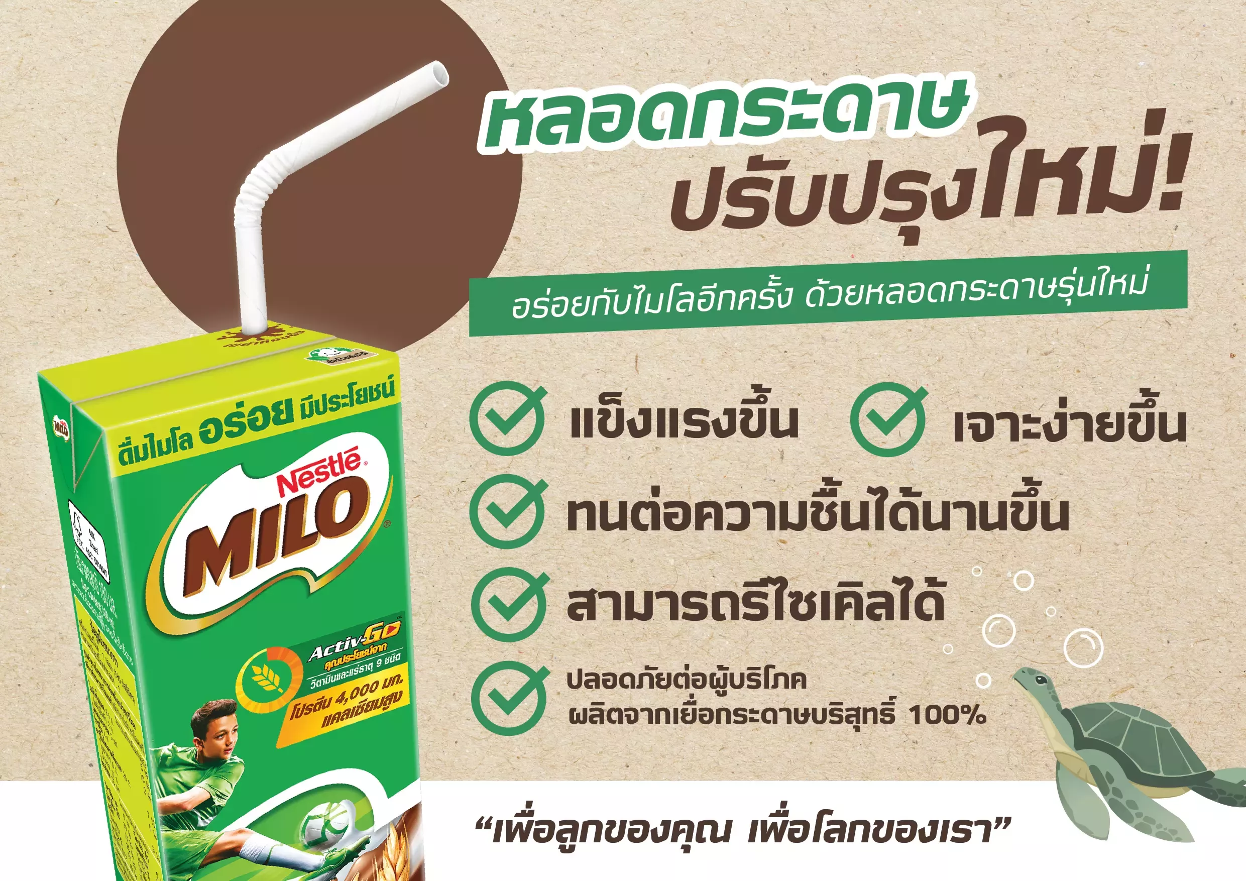 ไมโลขอบคุณทุกเสียงตอบรับ ปรับปรุง ‘หลอดกระดาษใหม่’ แข็งแรงกว่าที่เคย ภายใต้สโลแกน ‘เพื่อลูกของคุณ เพื่อโลกของเรา’